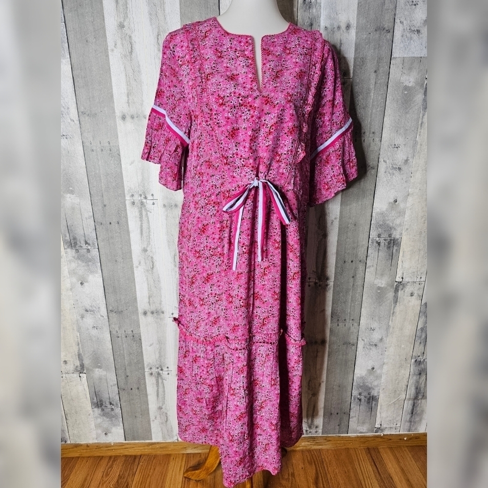Rungolee Large Silk Cottage Core Floral Tiered Hem Midi Dress